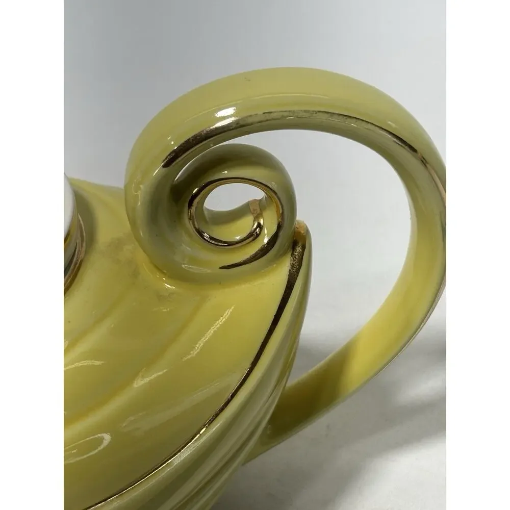 Vintage Hall China 6 Cup Teapot w/ Infuser Yellow Gold Trim USA Art Deco MCM